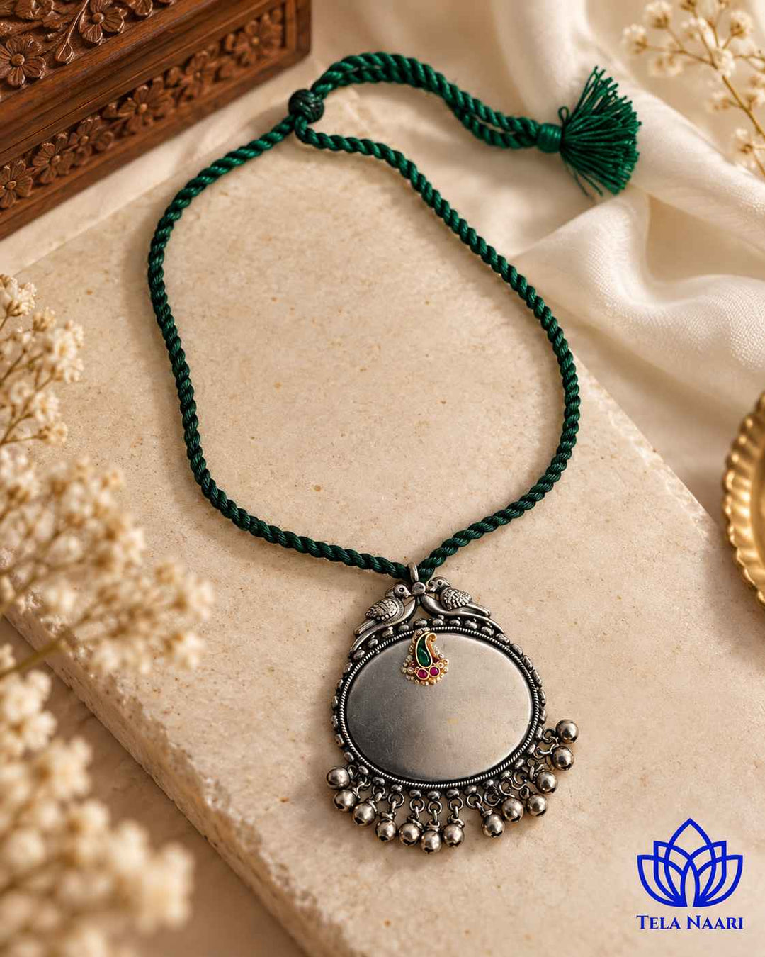 Sarayu Silver Plated Green Thread Necklace Set