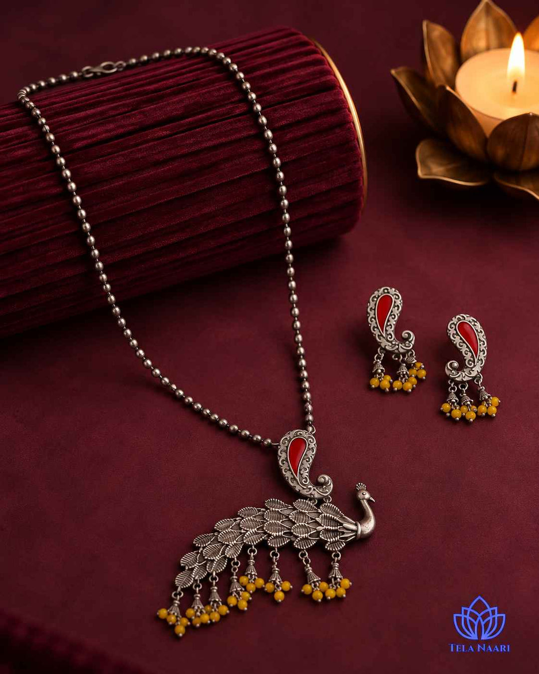 Latika Silver Plated Red Peacock Necklace Set