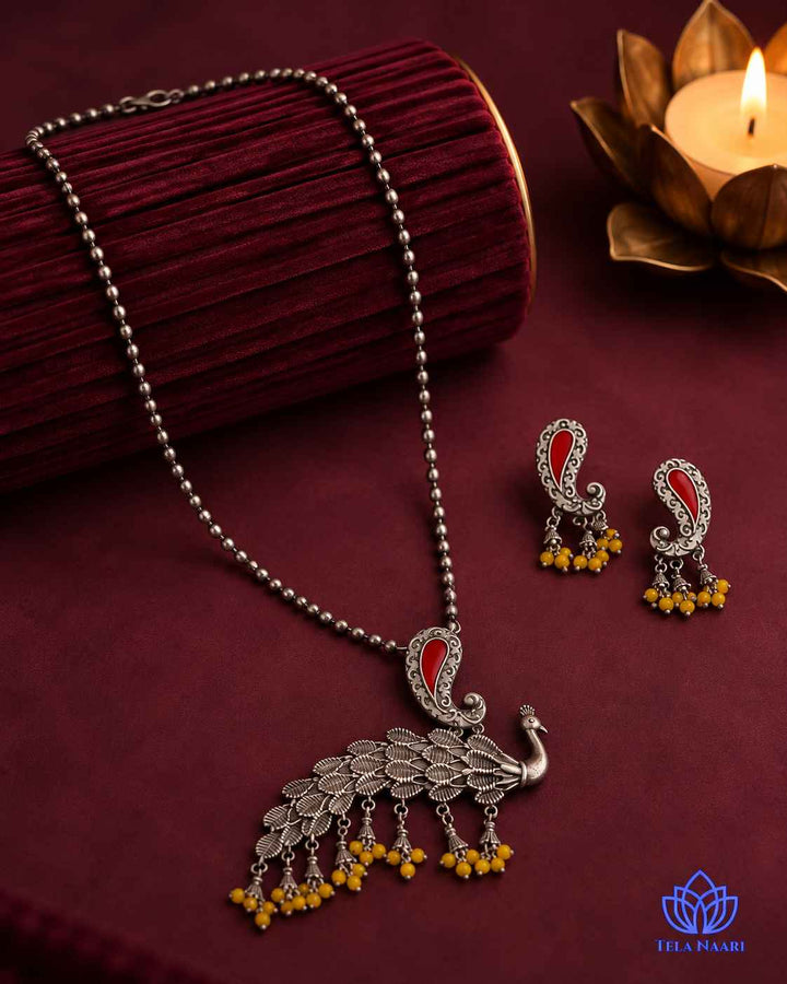 Latika Silver Plated Red Peacock Necklace Set