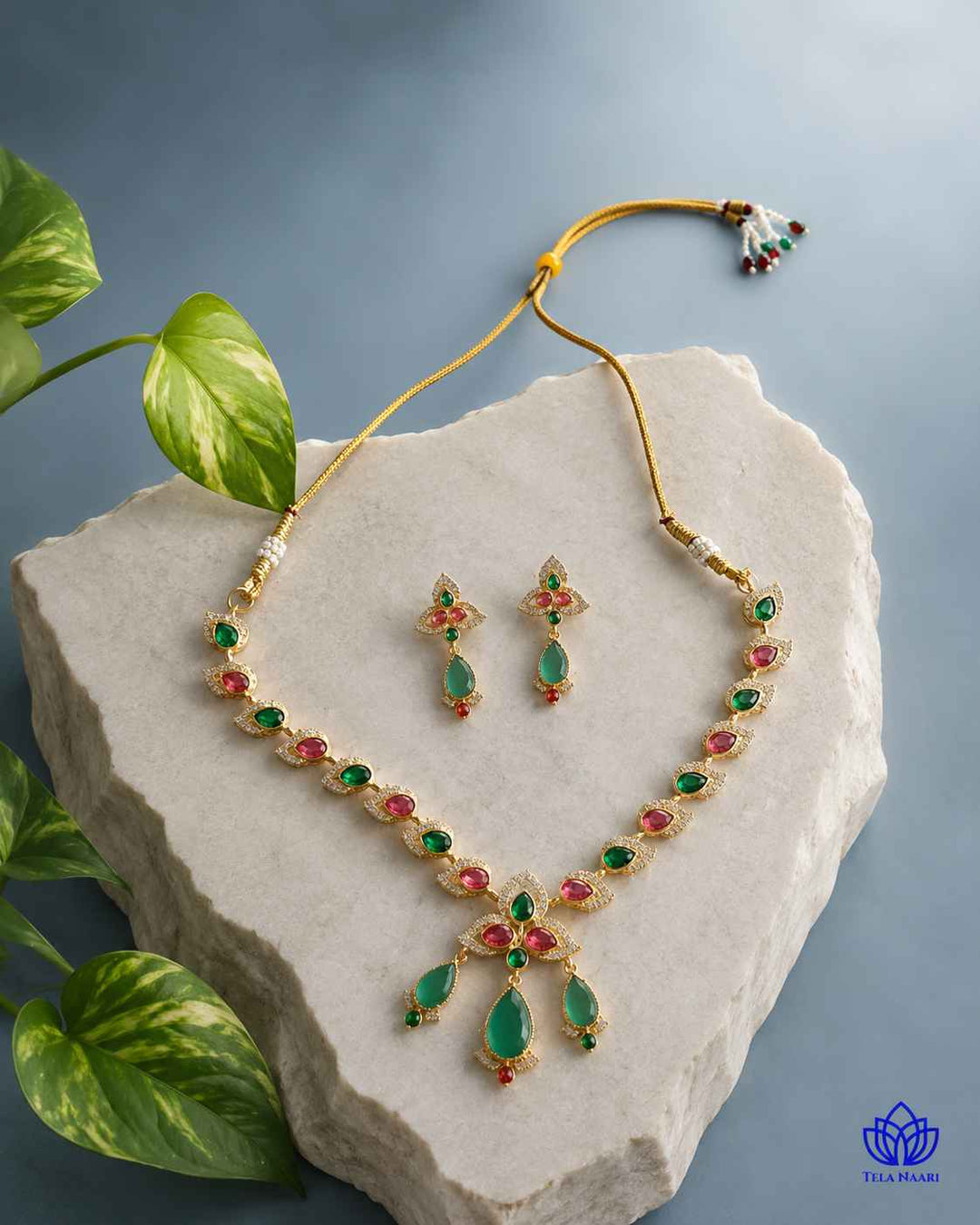 Bhagya Victorian Gold Plated Red Green Stone Necklace Set