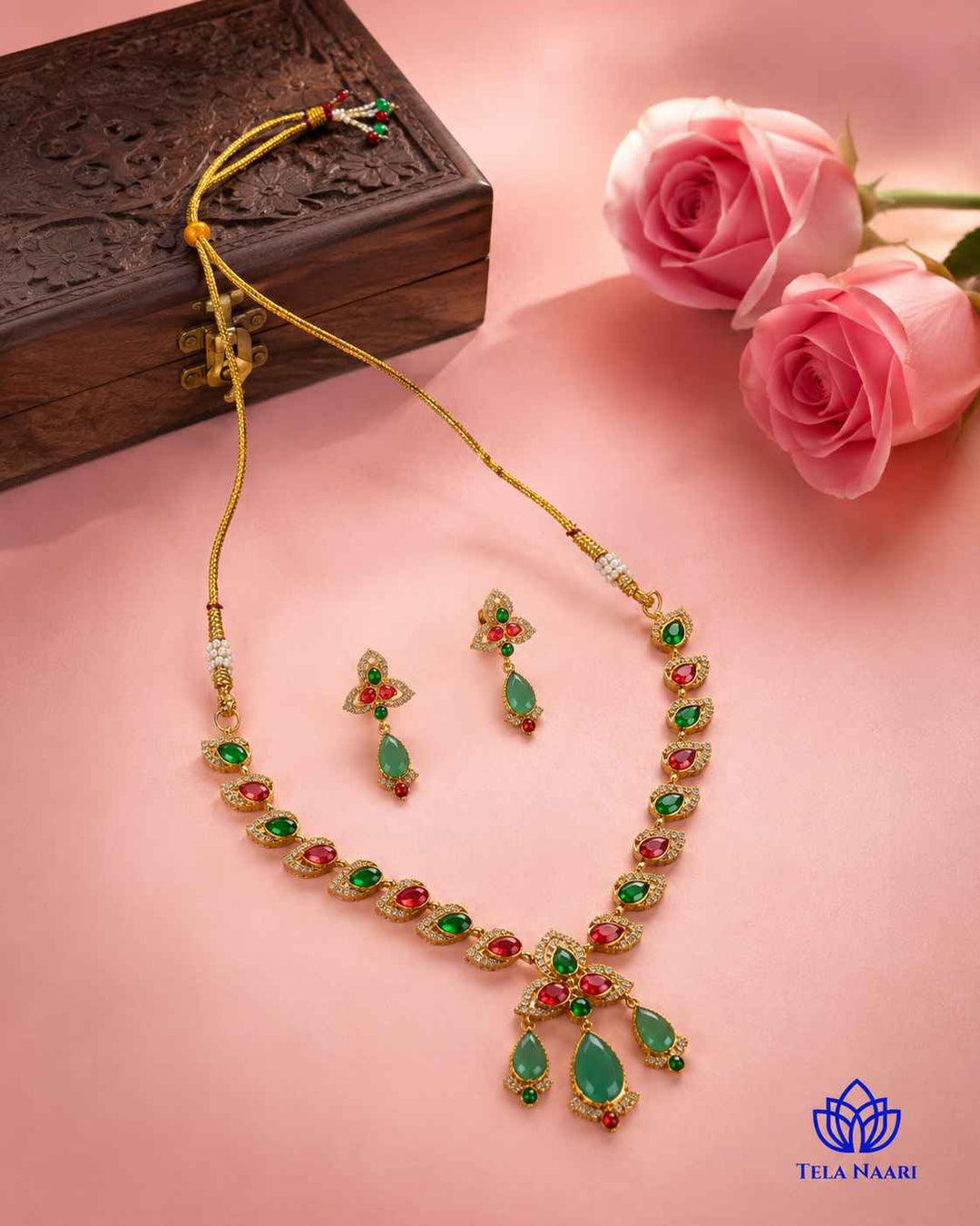 Bhagya Victorian Gold Plated Red Green Stone Necklace Set