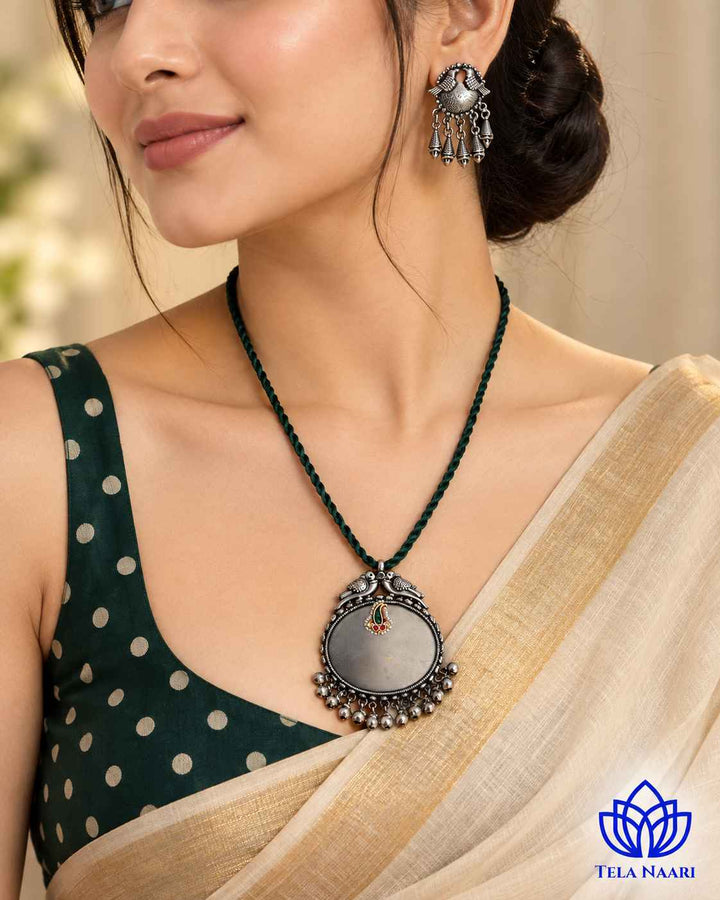 Sarayu Silver Plated Green Thread Necklace Set