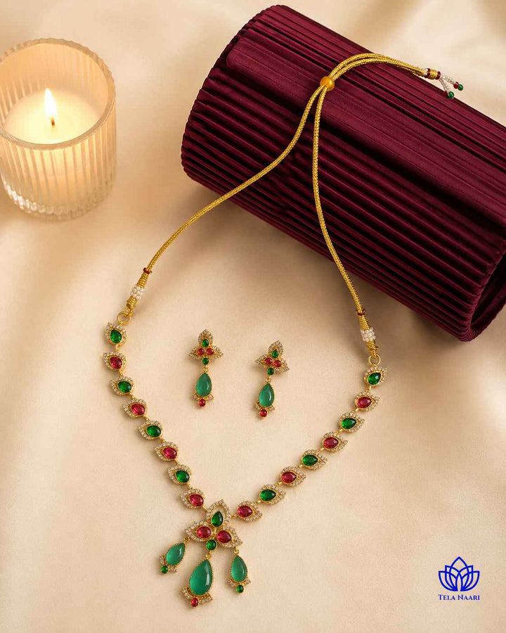 Bhagya Victorian Gold Plated Red Green Stone Necklace Set
