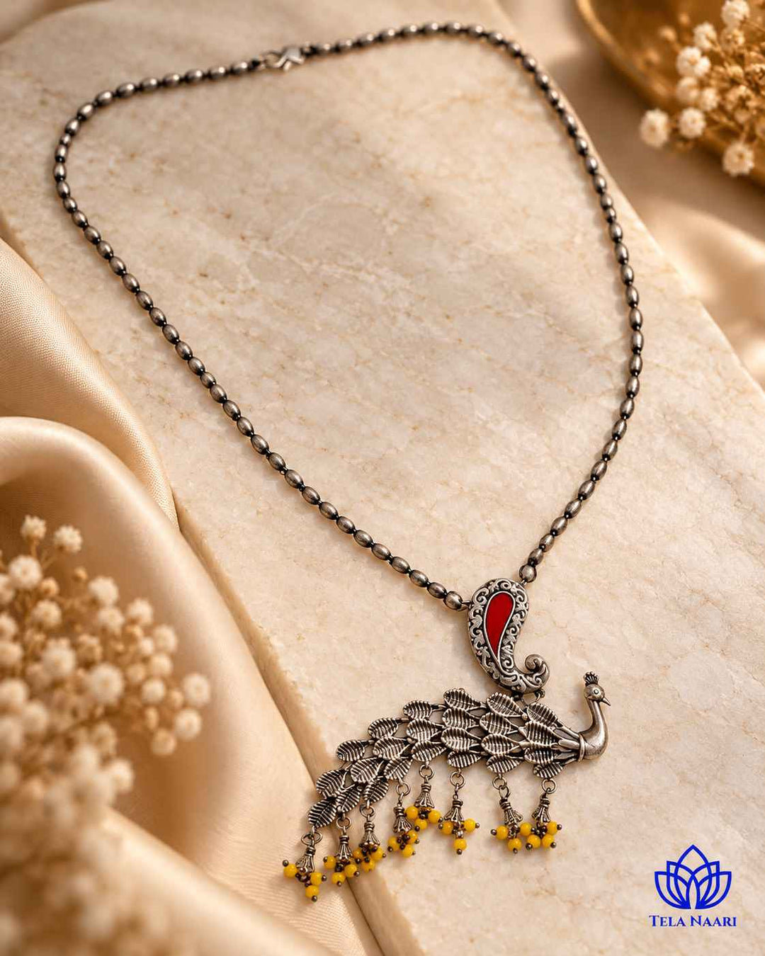 Latika Silver Plated Red Peacock Necklace Set