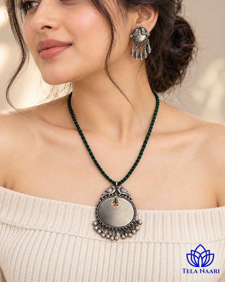 Sarayu Silver Plated Green Thread Necklace Set