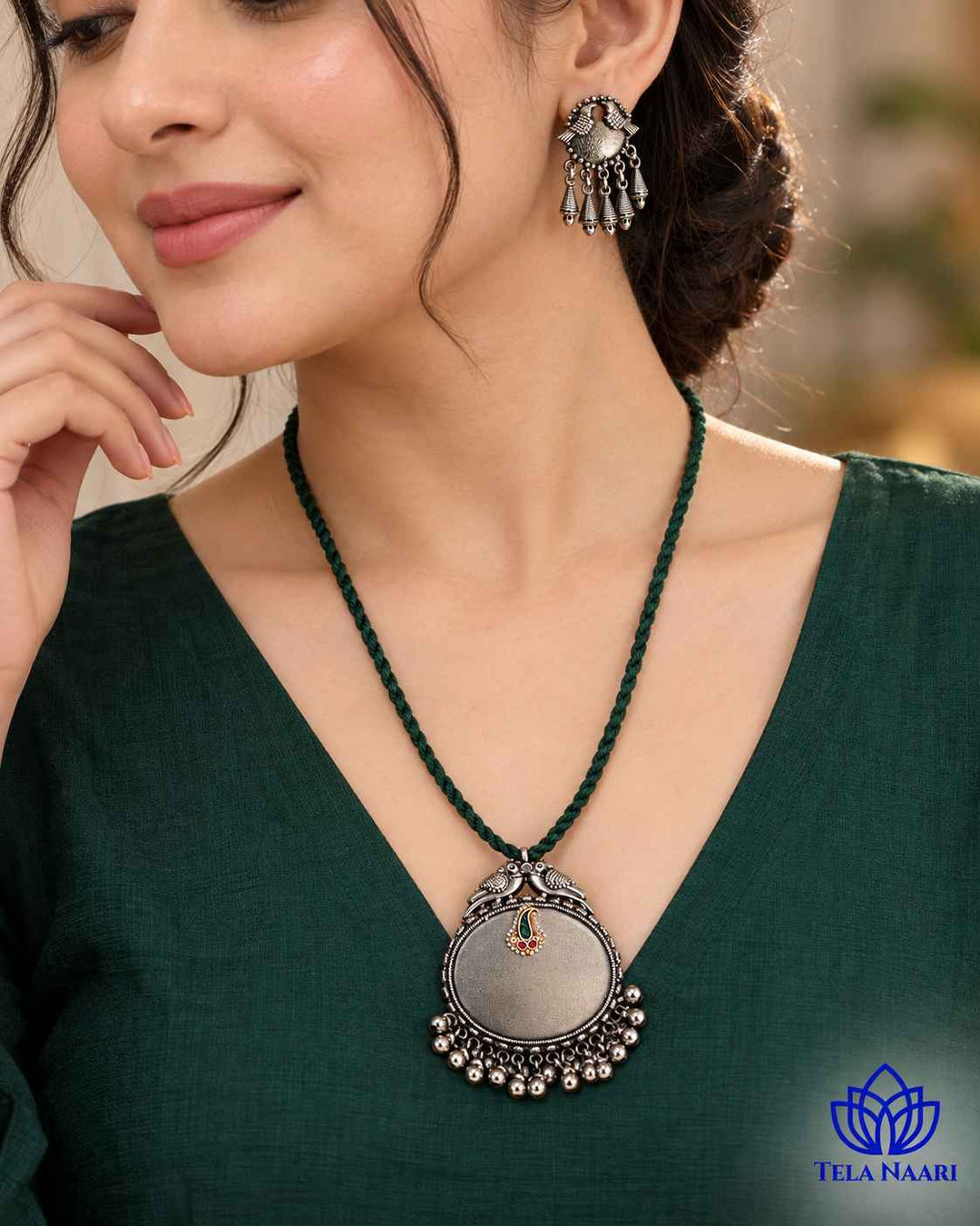 Sarayu Silver Plated Green Thread Necklace Set