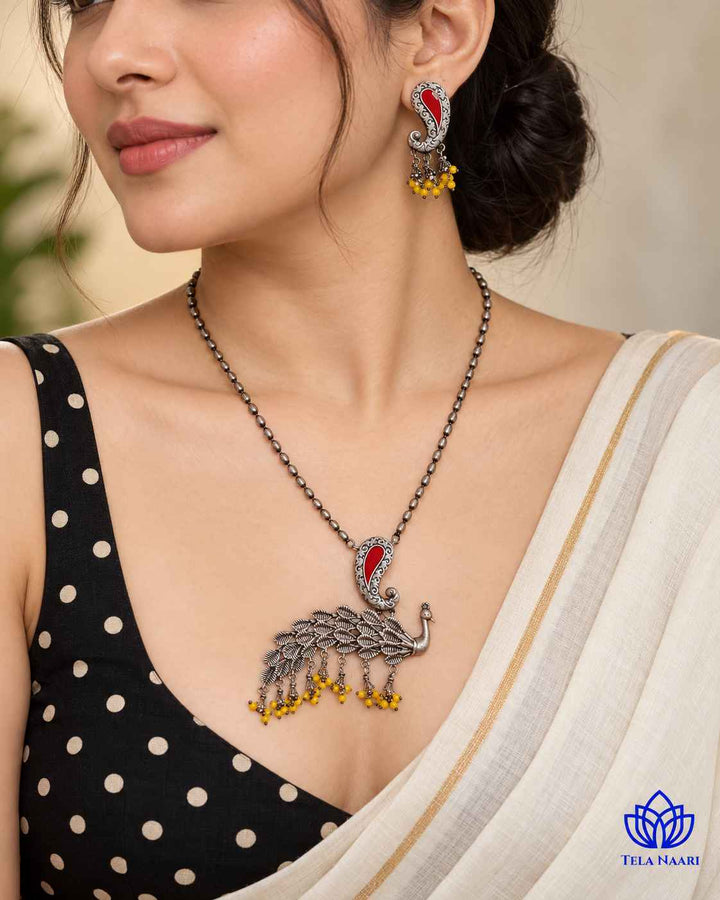 Latika Silver Plated Red Peacock Necklace Set