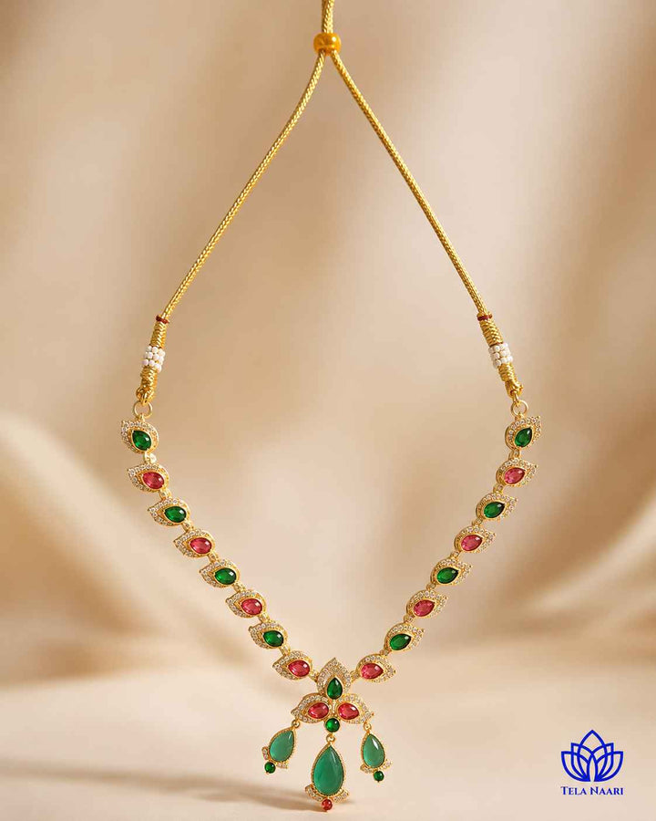 Bhagya Victorian Gold Plated Red Green Stone Necklace Set