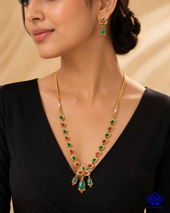 Bhagya Victorian Gold Plated Red Green Stone Necklace Set