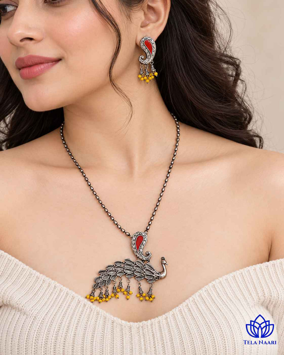 Latika Silver Plated Red Peacock Necklace Set
