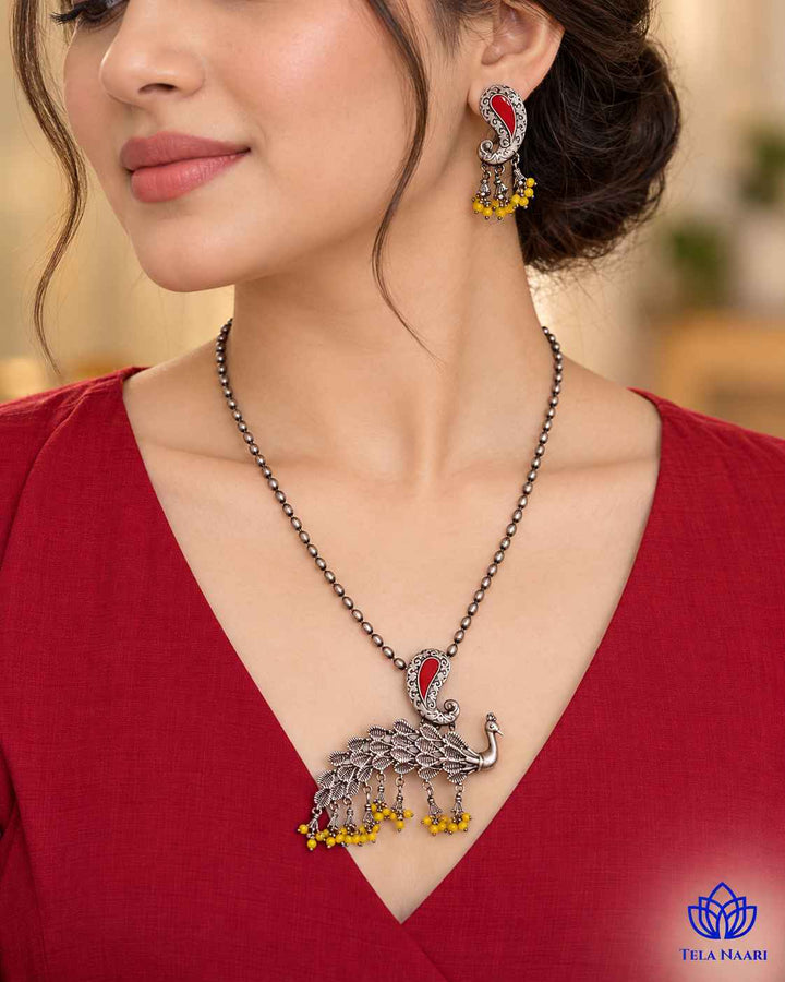 Latika Silver Plated Red Peacock Necklace Set