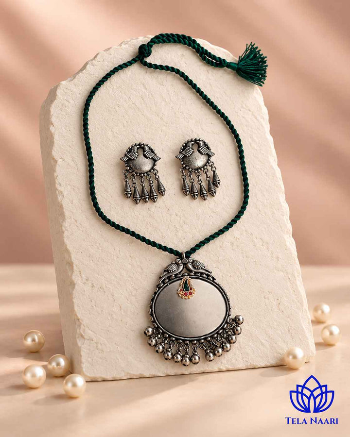 Sarayu Silver Plated Green Thread Necklace Set
