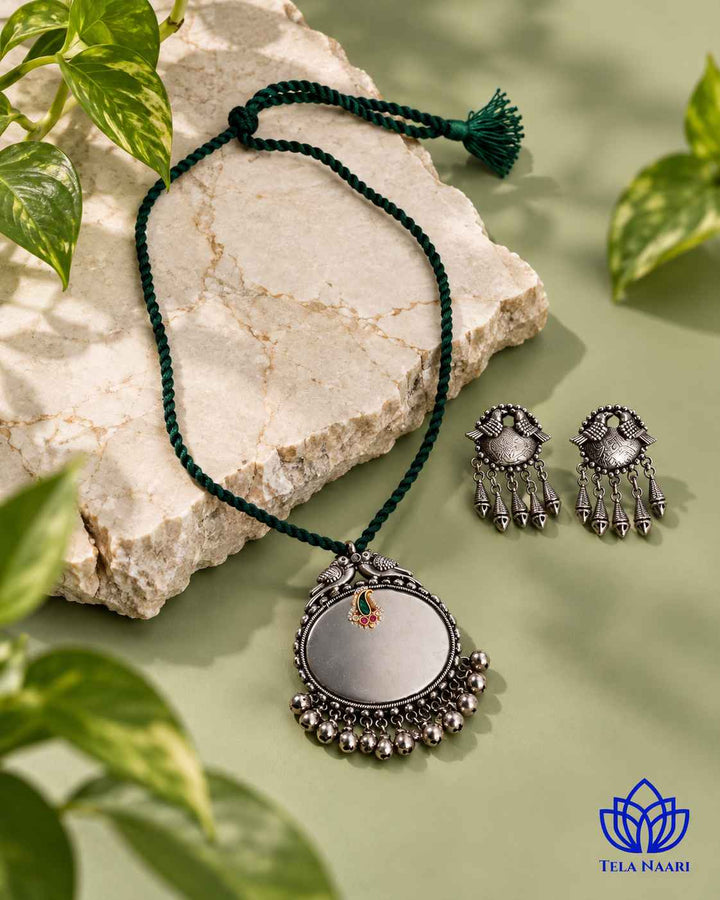 Sarayu Silver Plated Green Thread Necklace Set