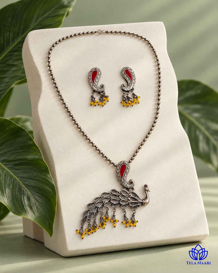 Latika Silver Plated Red Peacock Necklace Set