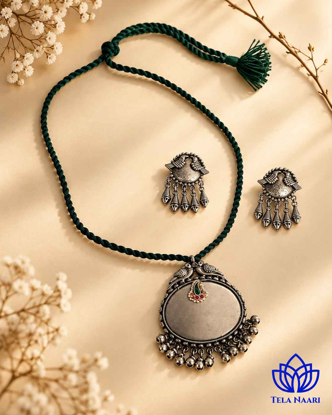 Sarayu Silver Plated Green Thread Necklace Set
