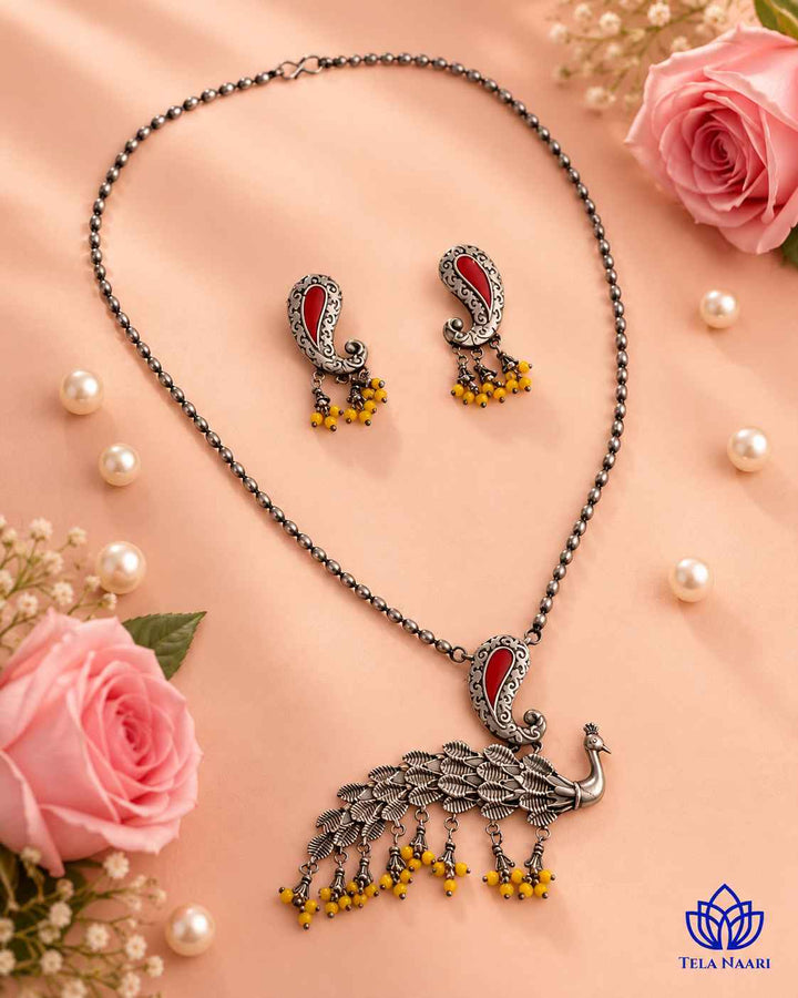 Latika Silver Plated Red Peacock Necklace Set