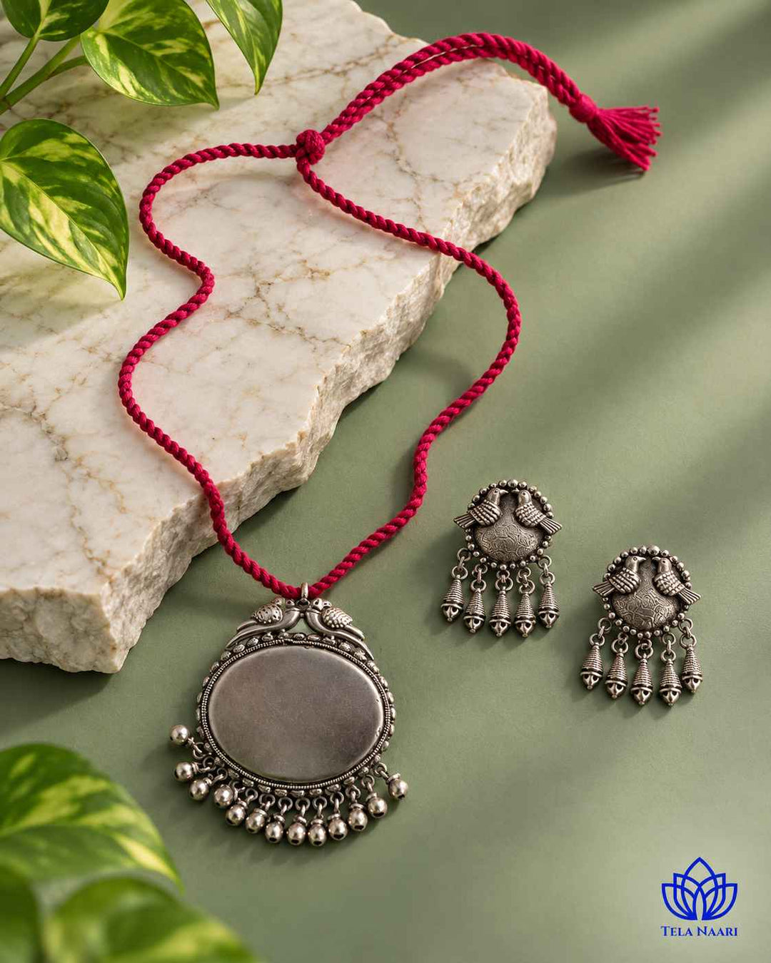 Sarayu Silver Plated Red Thread Necklace Set