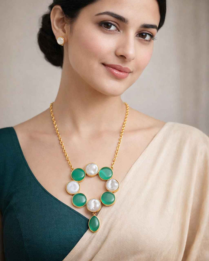 Telanaari Timeless Juniper Sea Green Baroque Gold Plated Necklace Set