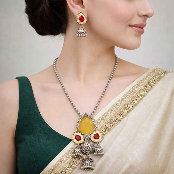 Timeless Avanshika Yellow Red Silver-Plated Necklace Set