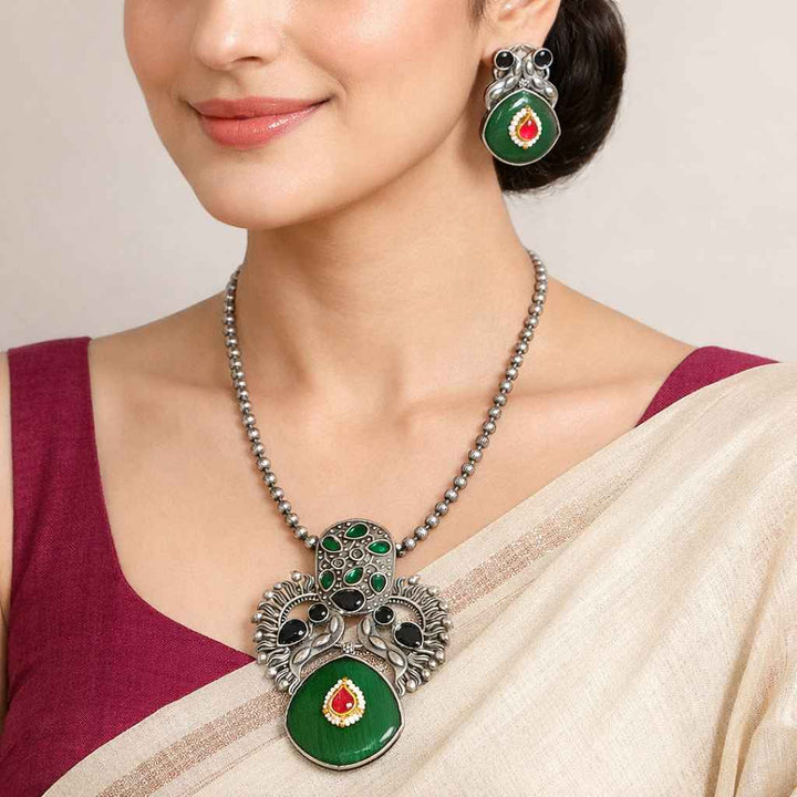 Telanaari Radiant Nishma Silver-Plated Light Green Necklace Set