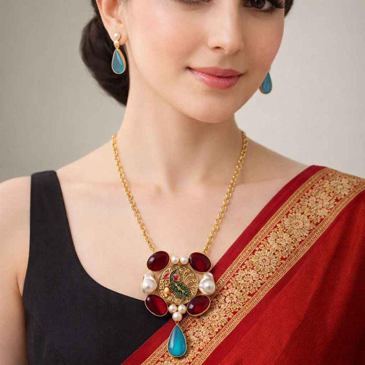 Chanchal Red Blue Baroque Gold Plated Necklace Set