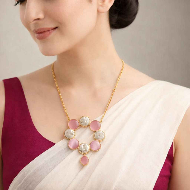 Telanaari Radiant Gold-plated Pink Stone Necklace Set