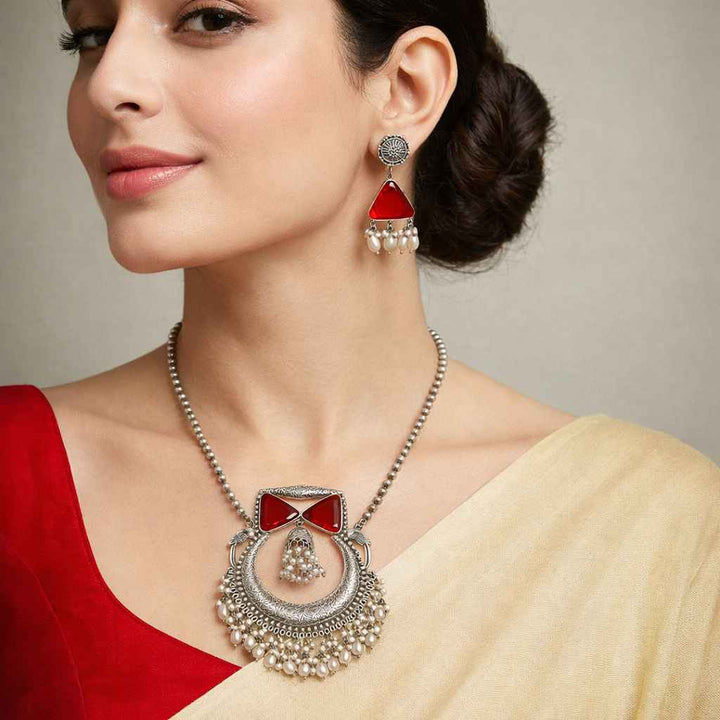 Telanaari Silver-plated Miki Red Necklace Set