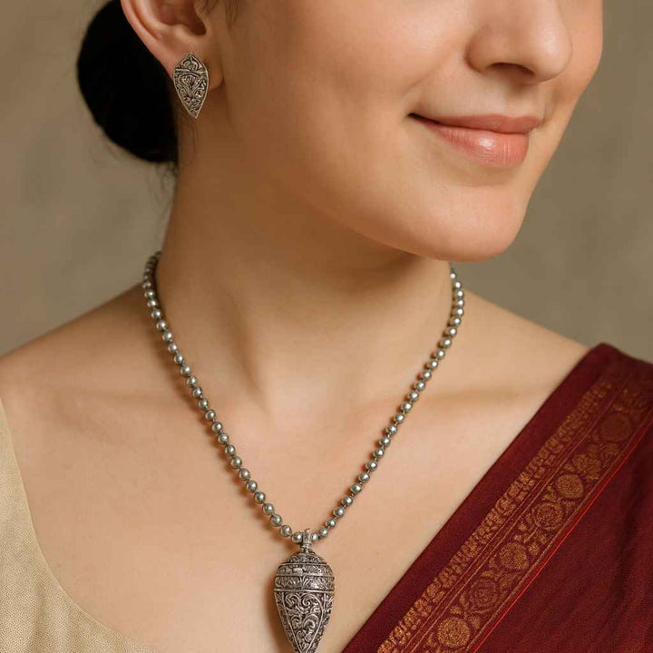 Oxidized Silver-Plated Necklace Set – Tribal Conical Pendant & Stud Earrings