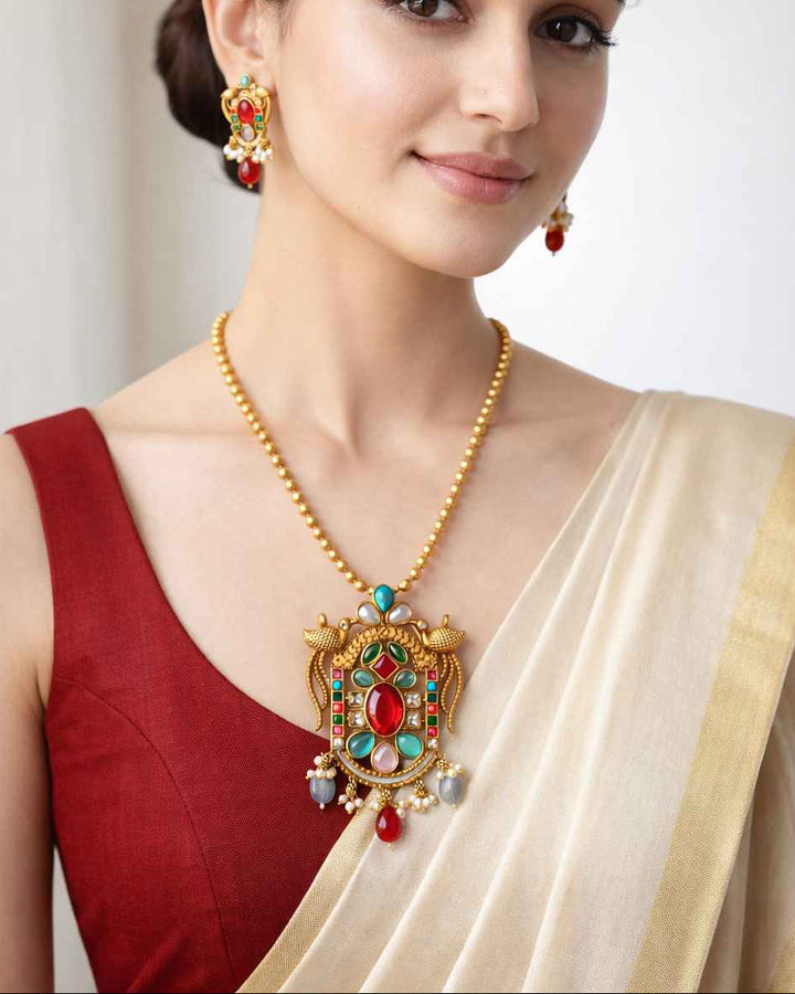 Tela Naari Multi Red Stone Gold Plated Pendant Necklace Set