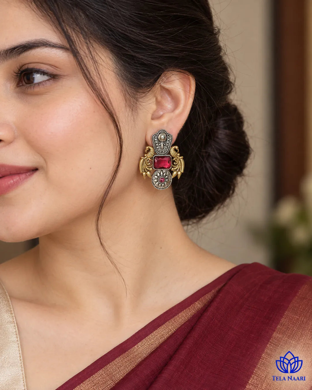 Nilofer Red Dual Tone Earrings