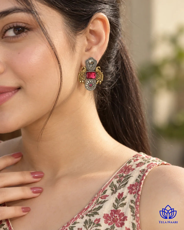 Nilofer Red Dual Tone Earrings