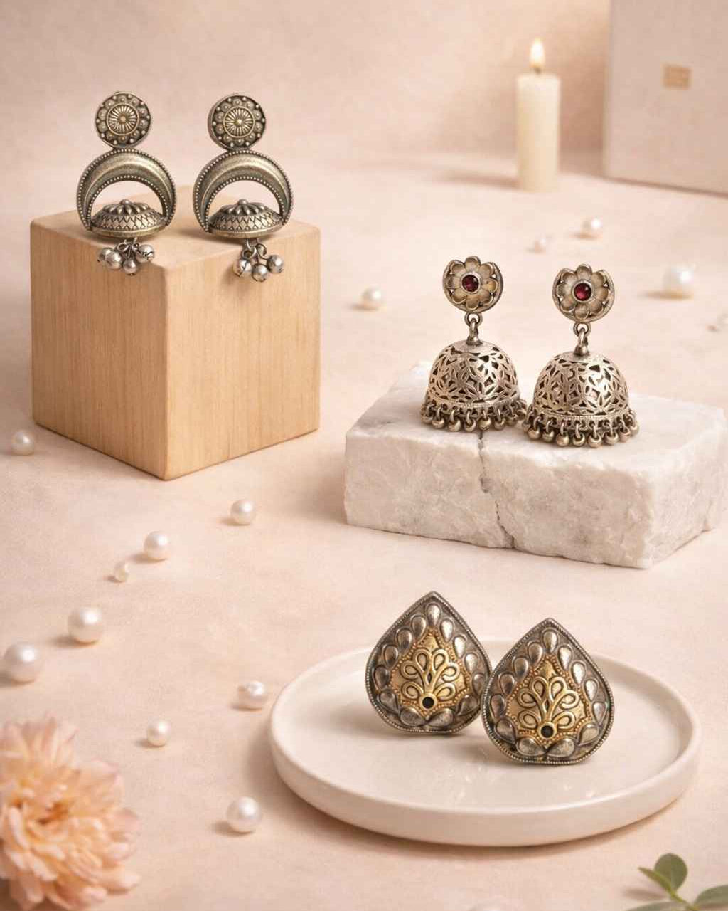Pair of silver and gold earrings on a white plate with a soft background