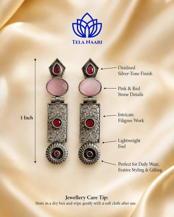 Royal Pink Myspa Stone Oxidised Statement Earrings
