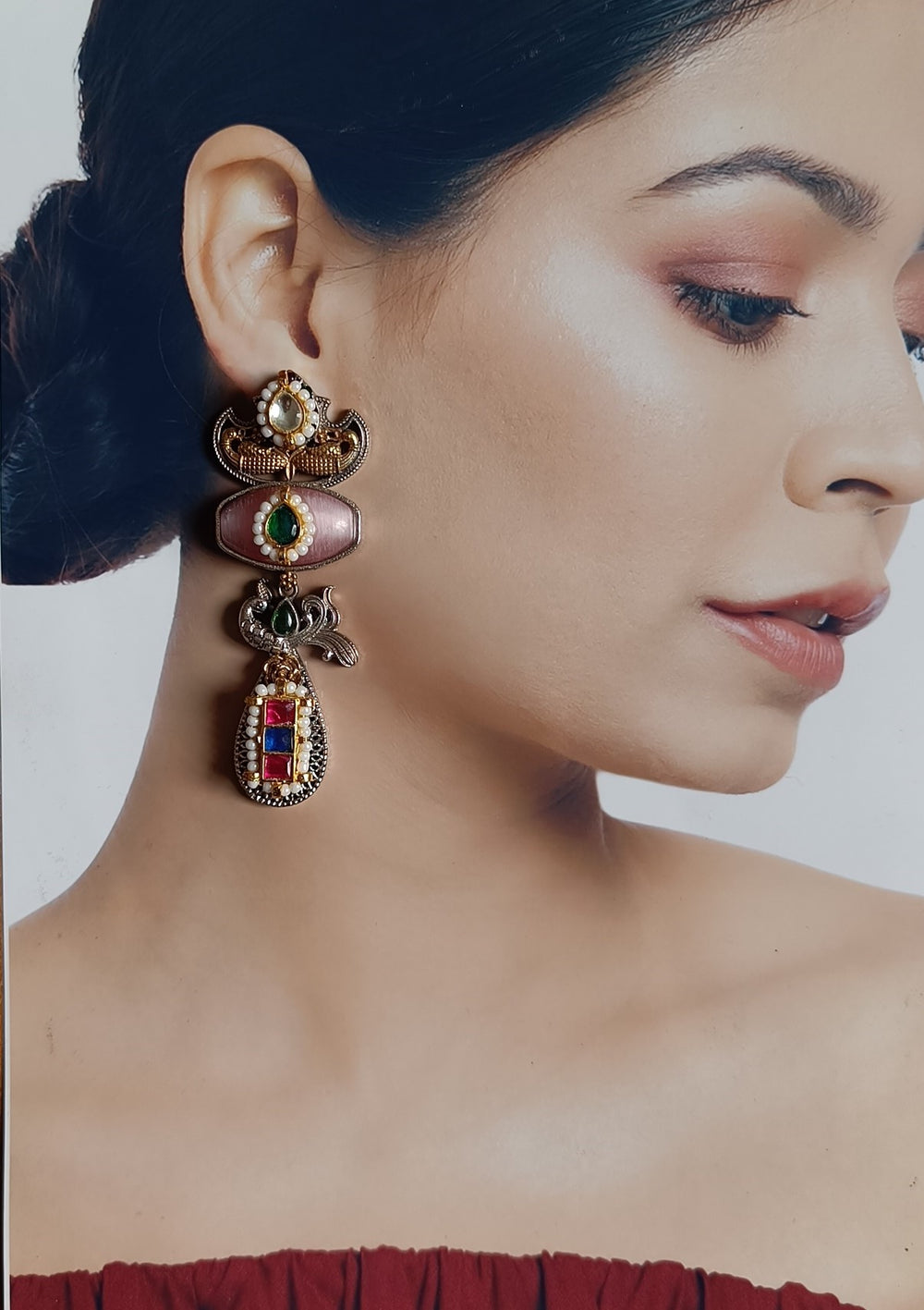 Telanaari Elegant Angana Dual Tone Fushion Pachi Kundan Silver Plated Earrings - TelaNaari