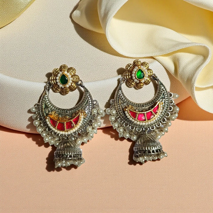 Telanaari Elegant Kamaljeet Dual Tone Fushion Pachi Kundan Silver Plated Earrings