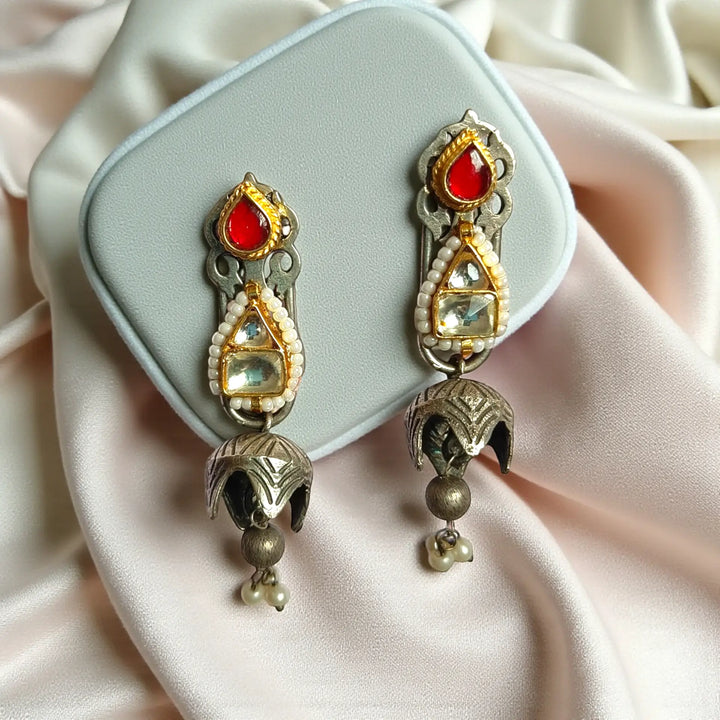 Telanaari Elegant Chitali Dual Tone Fushion Pachi Kundan Silver Plated Earrings