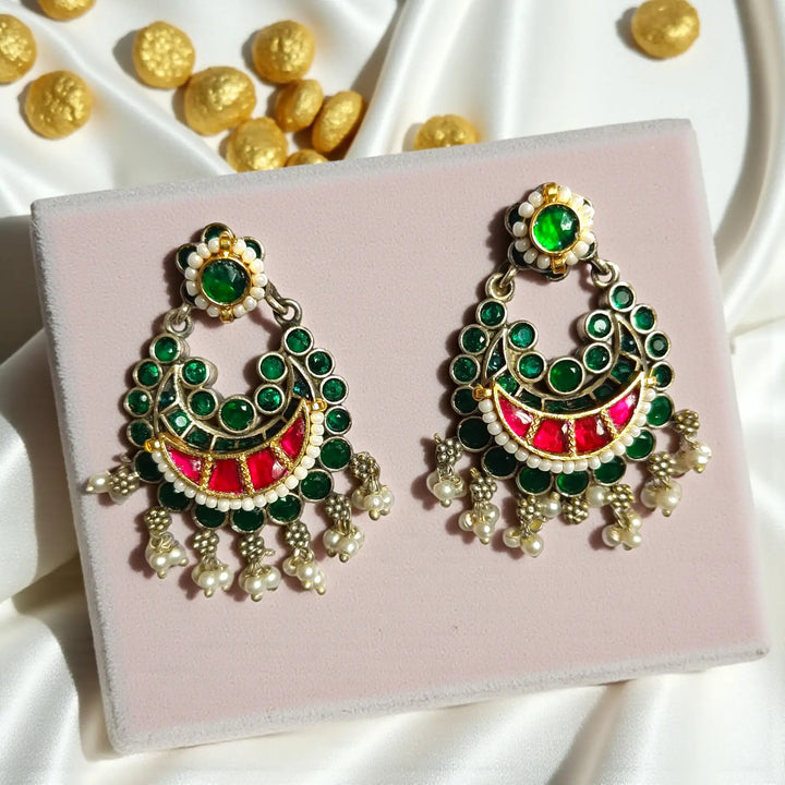 Telanaari Elegant Megha Dual Tone Fushion Pachi Kundan Silver Plated Earrings