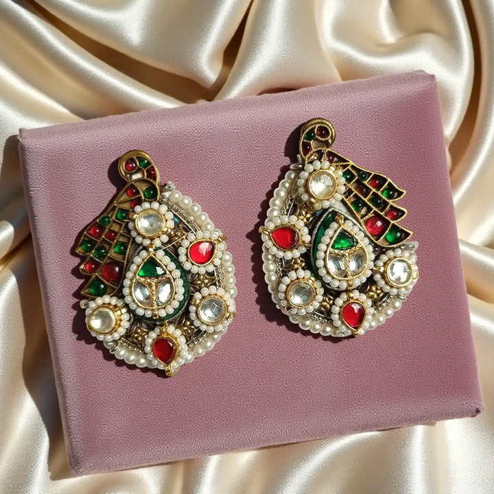 Telanaari Elegant Alka Dual Tone Fushion Pachi Kundan Silver Plated Earrings