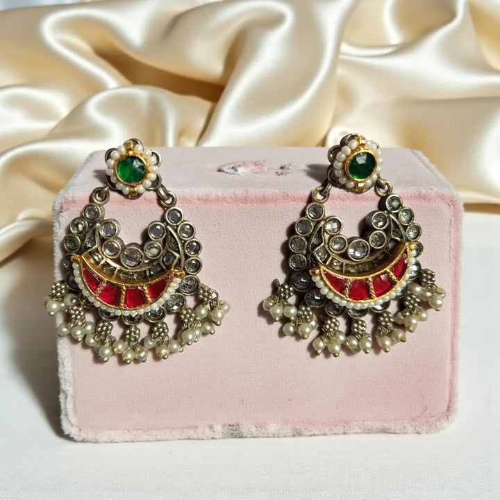Telanaari Elegant Megha Dual Tone Fushion Pachi Kundan Silver Plated Earrings