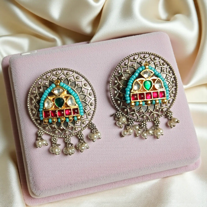 Anuradha Dual Tone Fushion Pachi Kundan Silver Plated Earrings