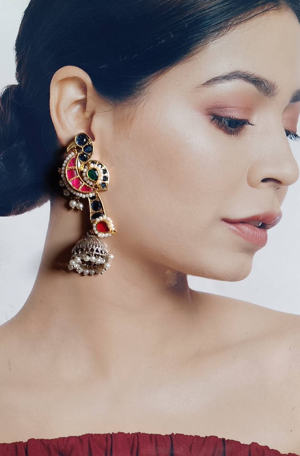 Telanaari Elegant Anjana Dual Tone Fushion Pachi Kundan Silver Plated Earrings - TelaNaari