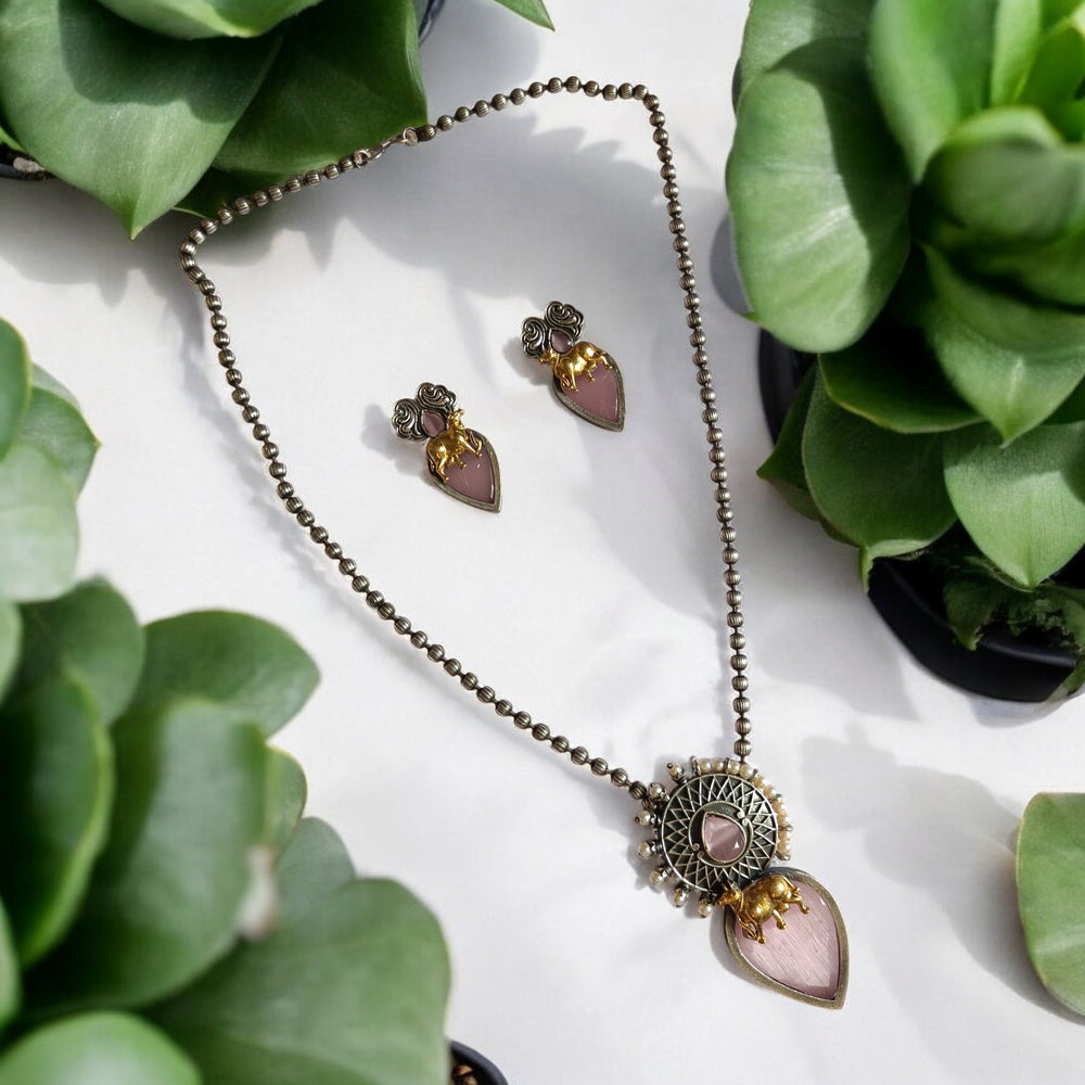 Classic Elegant Divya Silver Oxidised Necklace Set Pink - TelaNaari