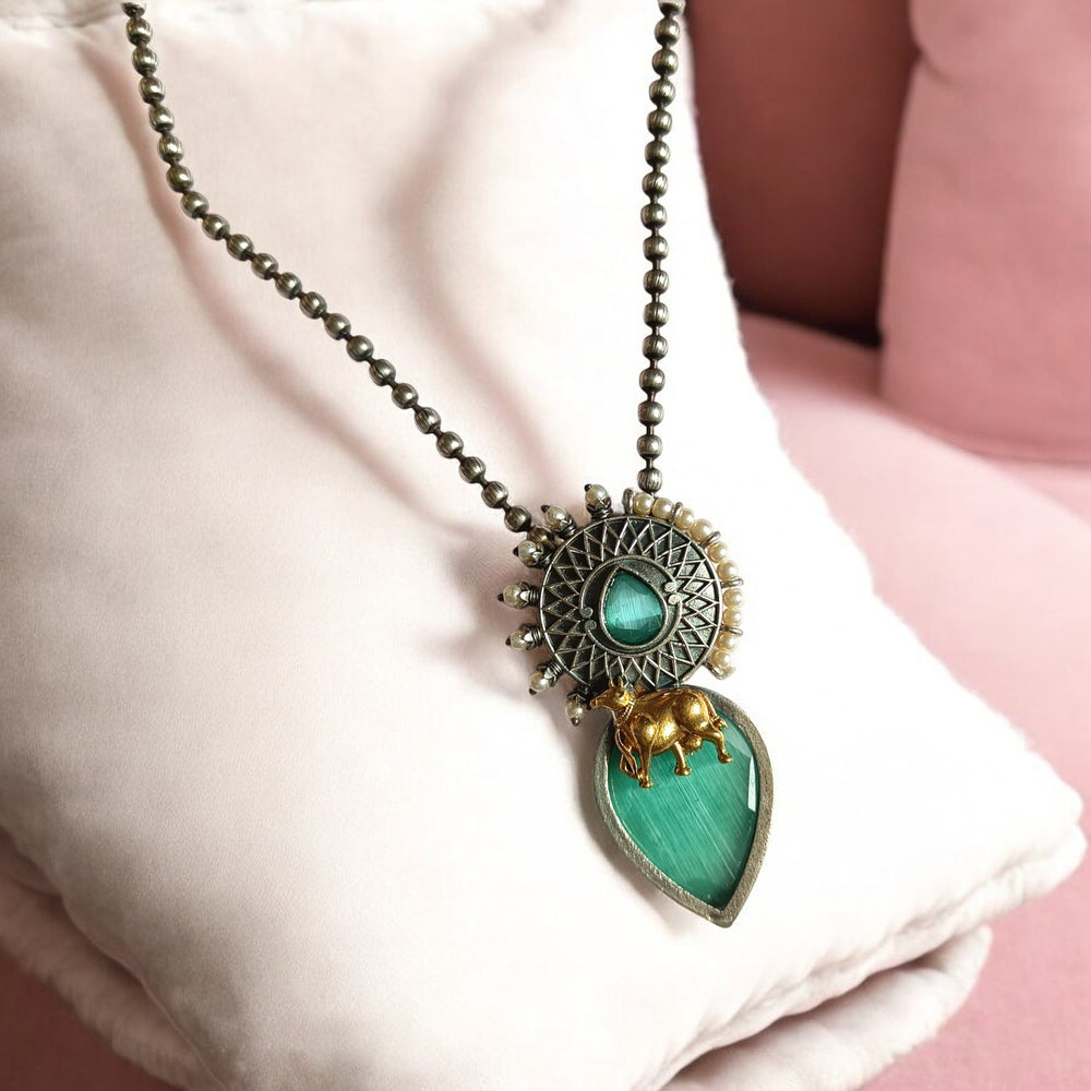 Classic Elegant Lubina Silver Oxidised Necklace Set Sea Green - TelaNaari