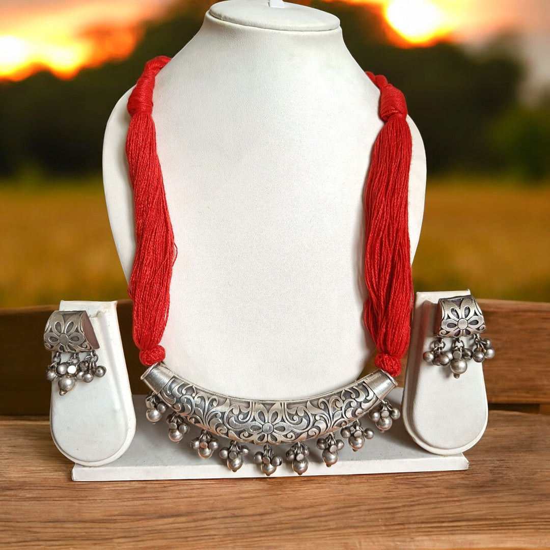 Classic Antique Manisha Silver-Plated Thread Necklace Set Red - TelaNaari