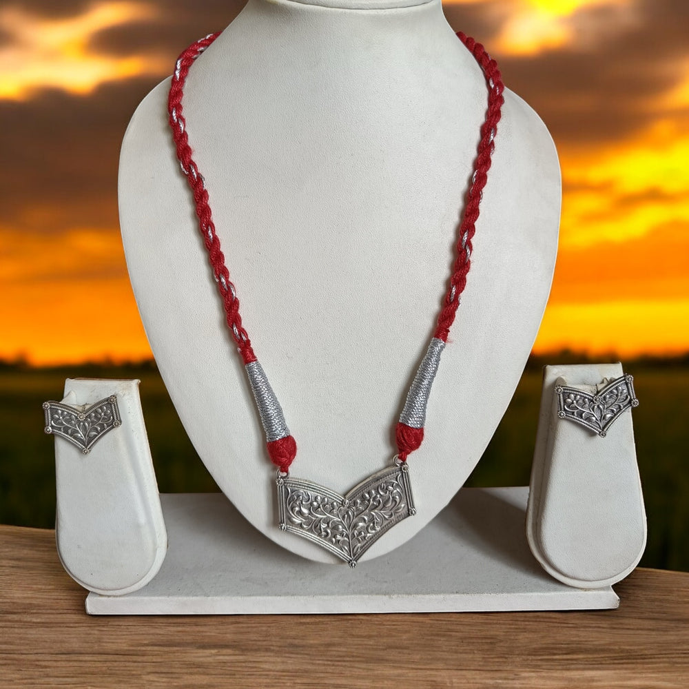 Classic Lalitha Silver Oxidised Thread Necklace Set Red - TelaNaari