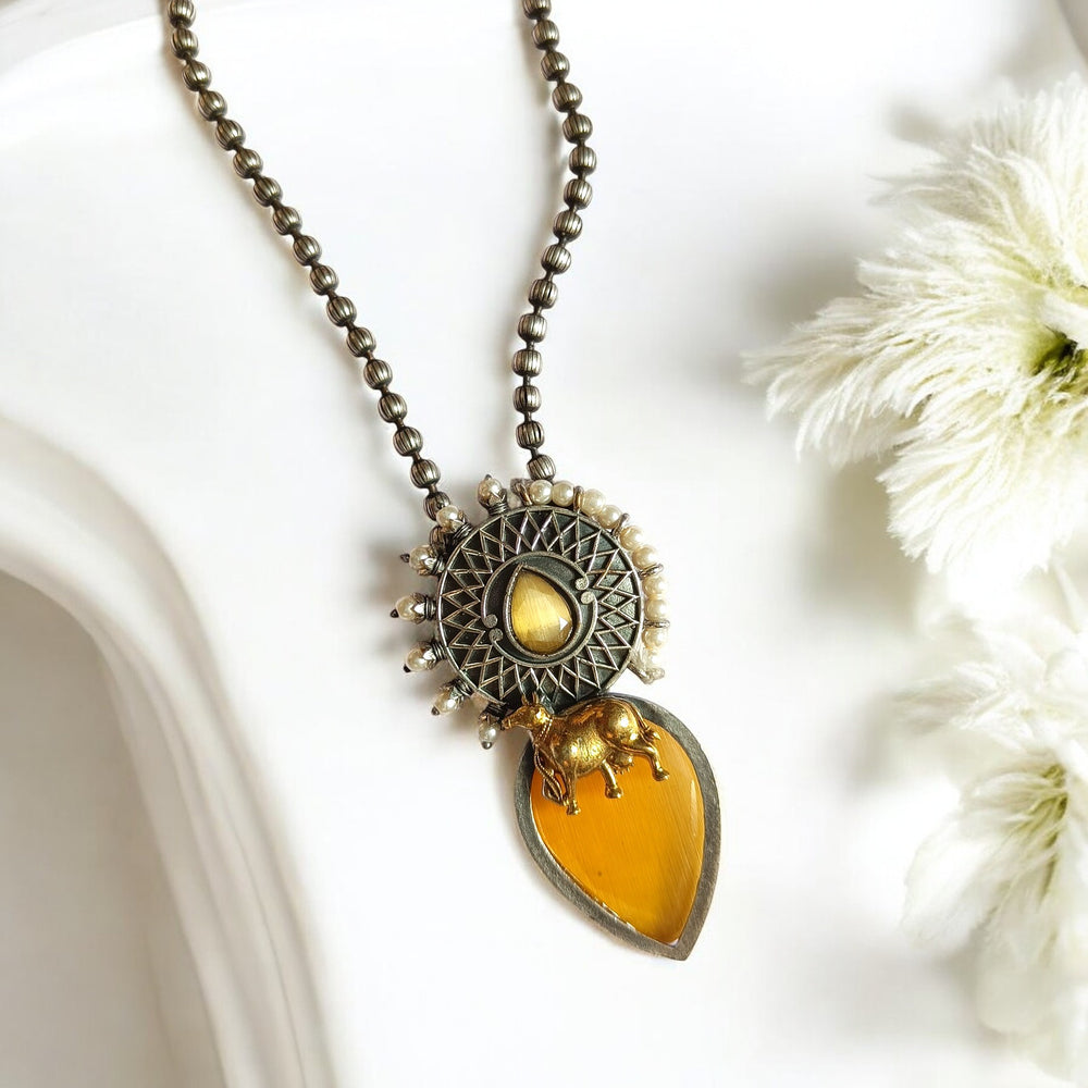 Classic Elegant Anuradha Silver Oxidised Necklace Set Yellow - TelaNaari