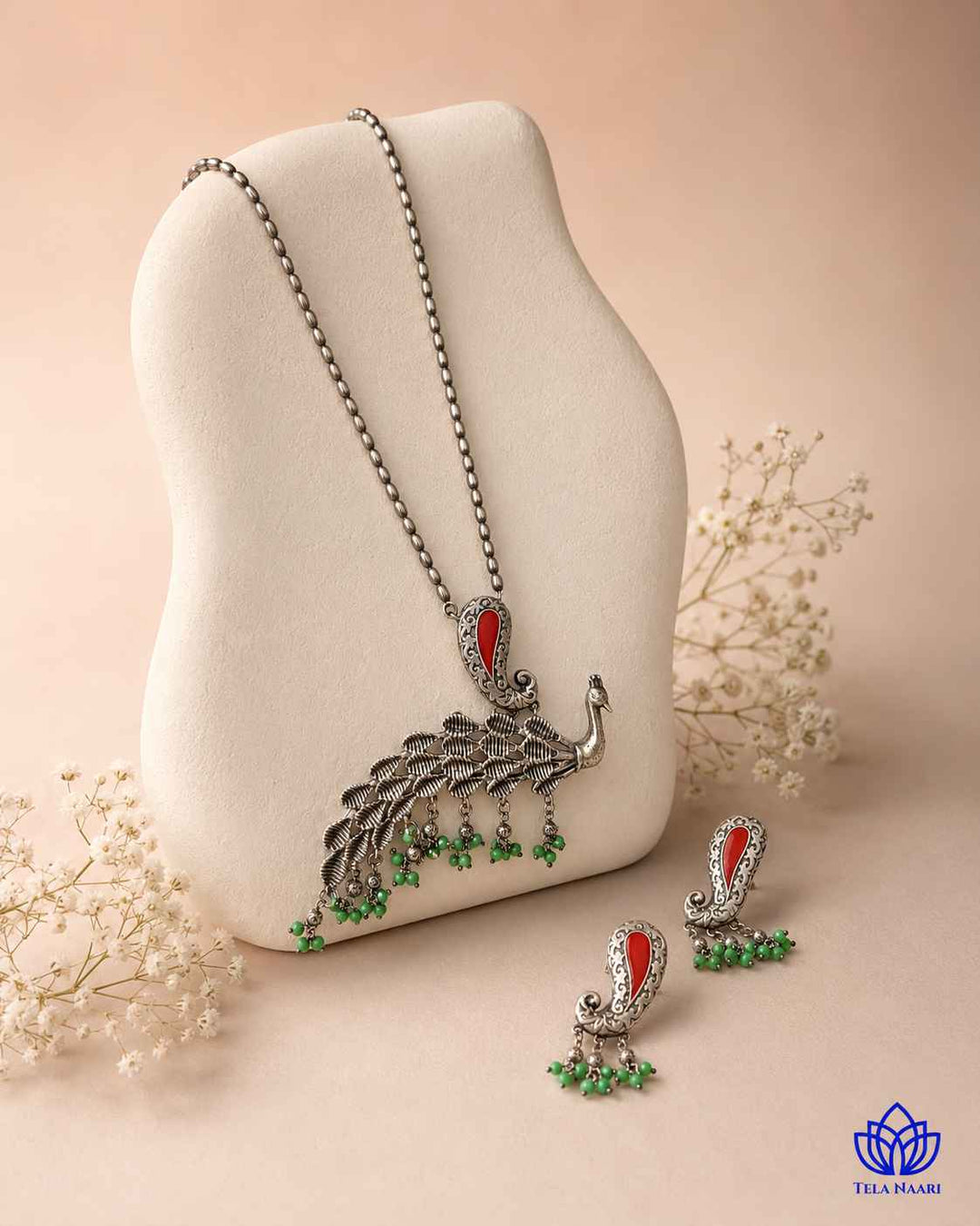 Latika Silver Plated Red Green Peacock Necklace Set