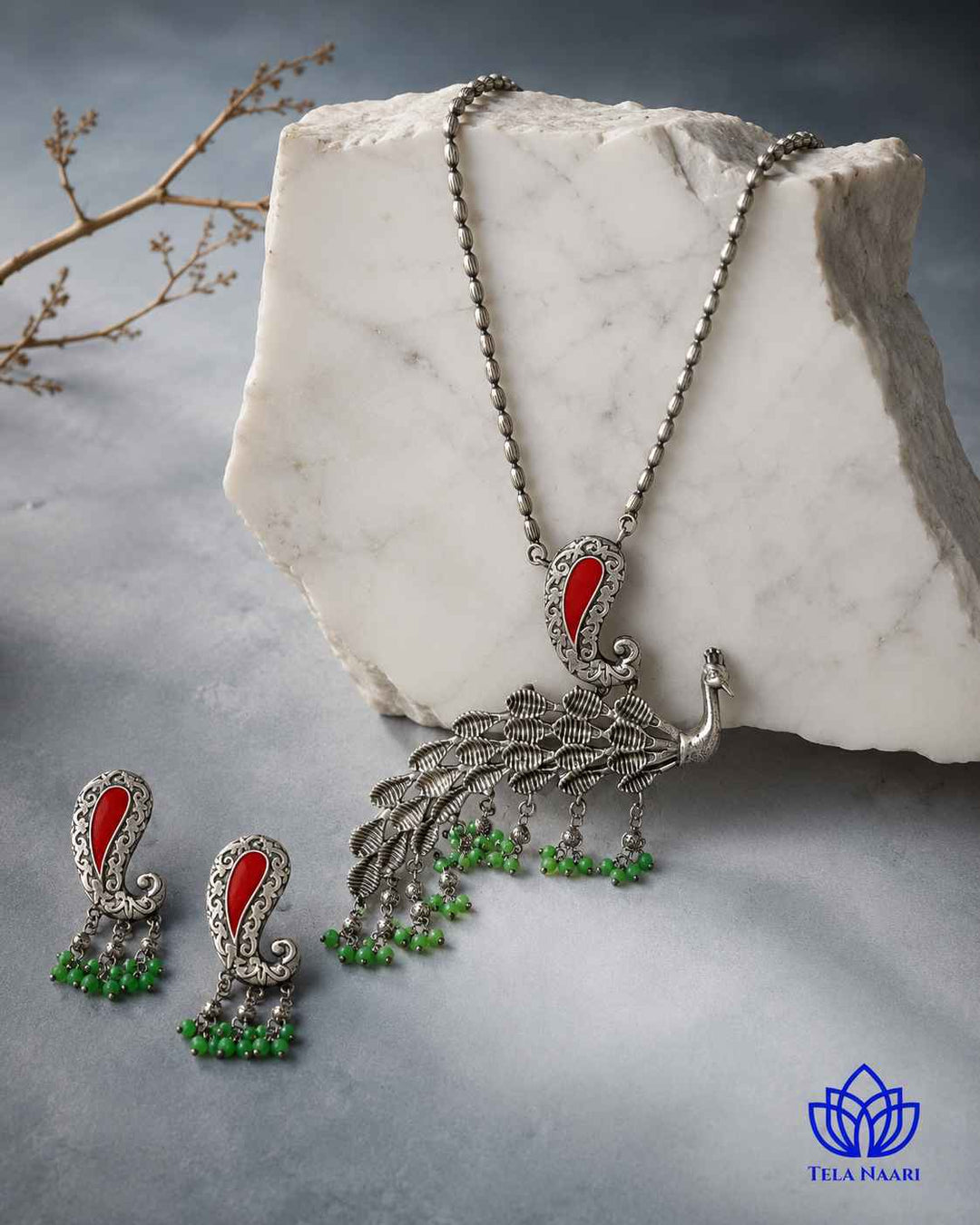 Latika Silver Plated Red Green Peacock Necklace Set