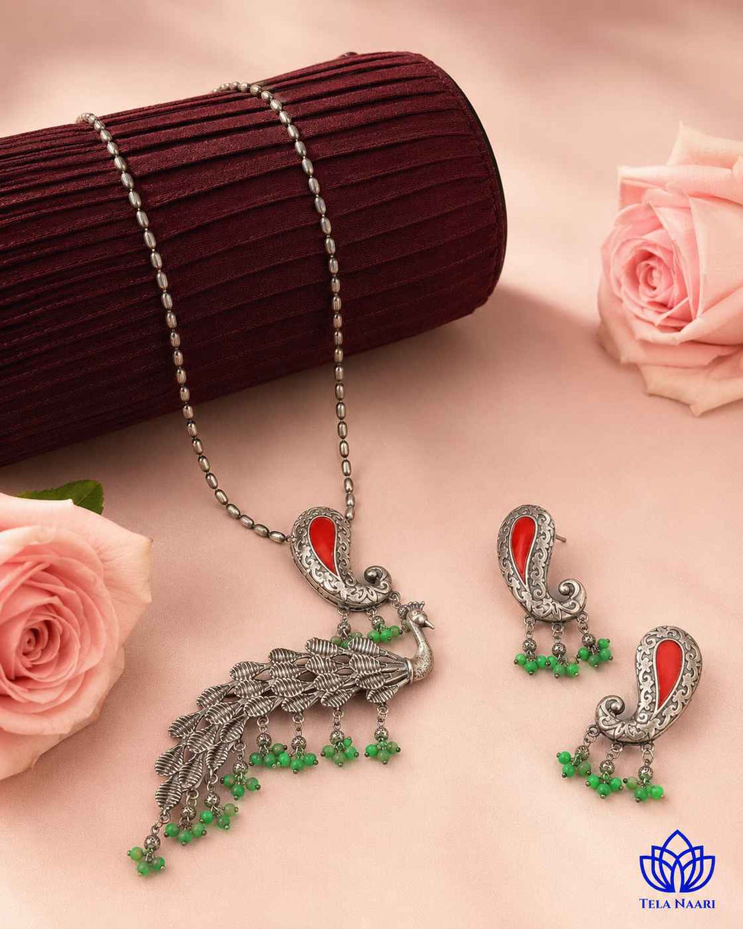 Latika Silver Plated Red Green Peacock Necklace Set
