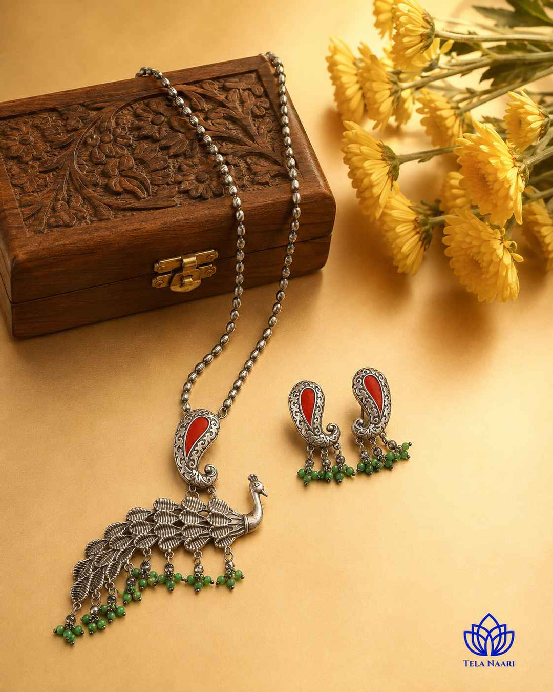 Latika Silver Plated Red Green Peacock Necklace Set